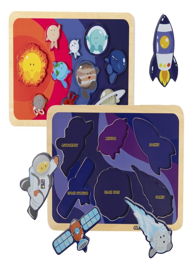 Celestial Buddies Chunky Wooden Toddler Puzzles, 12x8 Inch - Educational Space Puzzle for Early Science & Astronomy Exploration - STEM Learning (2-Pack) - Image 1